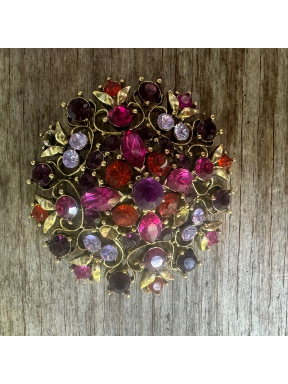 Graziano Brooch Vintage Gold Tone Rhinestone Multi Color Round Statement Pin